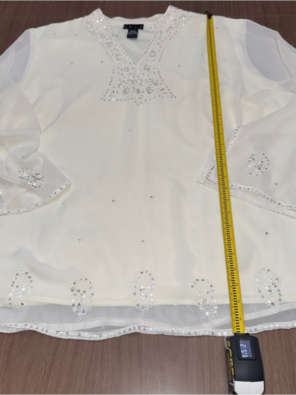 REYA Off White Sequin Long Sleeve V-Neck Top Blouse - Women's 30/32 Boho‎ Chic - Picture 7 of 12